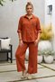 Italian Terracotta Color Shirt Collar, Wide-Leg, Slim-Fit Corduroy Woven Top and Bottom Set 77-102 70-68 - 5