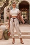 Italian Ecru Pocketed, Belted, Elasticated Hem, Harem-Style Pants with Jacquard Woven Velvet, Size 94 70
