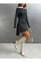 Women's Off-the-Shoulder Asymmetrical Dress in Anthracite – Tank Top Neckline, Long Sleeves, Mini-Length Dress - 4