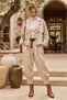 Italian Ecru Jacket with Collar, Pockets, Belt, and Elastic Waistband; Jacquard Woven Velvet Top and Bottom Set, Sizes 64-94, 64-70