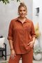 Italian Terracotta Color Shirt Collar, Wide-Leg, Slim-Fit Corduroy Woven Top and Bottom Set 77-102 70-68 - 7