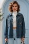 Italian Indigo Gabardine Woven Jacket with Cuffed Sleeves, Metal Buttons, and Washed Sequins 70 65
