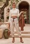 Italian Ecru Pocketed, Belted, Elasticated Hem, Harem-Style Pants with Jacquard Woven Velvet, Size 94 70 - 7