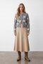 Women's Beige High-Waist Elastic A-Line Midi Length Brioche Knit Fabric Skirt Alc-X11324