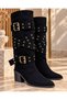 Women's Black Suede Boots with Gold Buckle Detail - 3