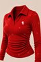 Point Red Glittery Sequin Polo Collar Corded Fabric Embroidered Premium Ruched Long-Sleeve Blouse - 3