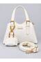 Women's Mini Clutch Bag and Shoulder Bag with Charm Details, Adjustable Long Strap, Stylish Everyday Faux Leather White Bag - 4