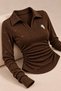 Point Brown Sequin-Printed Polo Collar Corded Fabric Embroidered Premium Ruched Shimmering Long-Sleeve Blouse - 3