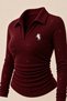 Point Burgundy Glittery Sequin Polo Collar Corded Fabric Stretch Embroidered Premium Ruched Long-Sleeve Blouse - 5