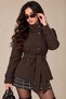 Women's Dark Coffee-Colored Short Melton Coat with Mock Neck, Belt, Buttons, and Lining—Winter Jacket