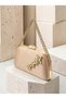 Beige Stone-Embellished Satin Clutch Bag with Gold Accents and Chain Strap for Women—Evening Wear, Weddings, and Engagements - 2
