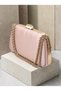 Powder Pink Satin Clutch Bag with Stone-Embellished Design and Gold Accents, Chain Strap, for Women—Evening Wear, Weddings, and Engagements - 4