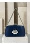 Navy Blue Satin Clutch Bag with Gemstones and Silver Accents, Chain Strap, for Women—Evening Wear, Weddings, and Engagements - 3