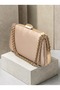 Beige Stone-Embellished Satin Clutch Bag with Gold Accents and Chain Strap for Women—Evening Wear, Weddings, and Engagements - 4