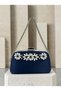 Navy Blue Satin Clutch Bag with Gemstones and Silver Accents, Chain Strap, for Women—Evening Wear, Weddings, and Engagements - 3