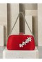 Women's Evening Clutch Bag with Red Stone, Satin, and Silver Accents, Chain Strap—Perfect for Weddings and Engagements - 3