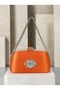 Women's Evening Clutch Bag with Orange Stones, Satin, and Silver Accents, Chain Strap—Perfect for Weddings and Engagements - 3