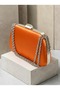 Women's Evening Clutch Bag with Orange Stones, Satin, and Silver Accents, Chain Strap—Perfect for Weddings and Engagements - 4