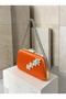 Women's Evening Clutch Bag with Orange Stones, Satin, and Silver Accents, Chain Strap—Perfect for Weddings and Engagements - 2