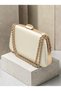 Ecru Satin Clutch Bag with Stone-Embellished Design and Gold Chain Straps for Women—Perfect for Weddings and Engagement Parties - 4