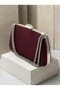 Burgundy Stone-Embellished Satin Clutch Bag with Silver Accents and Chain Strap for Women—Wedding and Engagement - 5