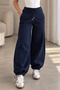 Beliska Navy Blue Thick Curved-Hem Adjustable Elastic Waistband with Pockets, Lace-Up, 3-Thread Loose-Fit Wide-Leg Sweatpants - 5