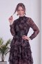 Women's Midi Length Chiffon Dress with Ruffle Detail, Belt Detail, and Print; Long Sleeves; Green, Brown, Purple - 2