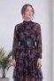 Women's Midi Length Chiffon Dress with Ruffle Detail, Belt Detail, and Print; Long Sleeves; Green, Brown, Purple - 6