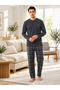 REALMOOD Men's Anthracite Gray 100% Cotton Long-Sleeve Pajama Set – Checked Pants, Button-Down Collar, Relaxed Fit
