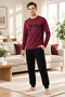 REALMOOD Men's Burgundy 100% Cotton Long-Sleeve Pajama Set – Black Bottoms, Crew Neck, Printed Top, Relaxed Fit