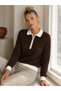 Women's Polo Collar Zipper-Front Openwork Patterned Knit Sweater 12522 - 3