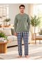 REALMOOD Men's 100% Cotton Khaki Green Top and Navy Blue Plaid Bottom Long-Sleeve Pajama Set