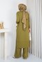 Women's Cold-Spun Knit Modest Set: Long Tunic, Jacket, and Pants Two-Piece Set with 10 Buttons, Khaki - 7