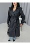 Women's Leather Trench Coat with Long Belt, Patchwork Design, and Back Slit—Stylish Transitional Outerwear