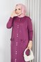 Women's Modest Set: Cold-Spun Yarn Knit Tunic, Jacket, and Pants Two-Piece Set with 10 Buttons, Plum - 4