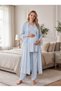 New Season Blue Shawl Collar Long Robe with Elegant Lace Collar Detail and Nursing Features—100% Cotton Maternity and Postpartum Robe and Pajama Set - 4