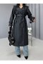 Women's Leather Trench Coat with Long Belt, Patchwork Design, and Back Slit—Stylish Transitional Outerwear - 3