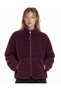 Women's Plum-Colored Plush Mock Neck Jacket with a Stand-Up Collar, Zipper, and Zippered Pockets