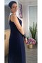 Navy blue, V-neck, front and back, ankle-length, spaghetti strap jersey viscose dress - 5