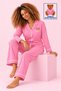 Women's Long-Sleeve Cotton Pink Premium Buttoned Pajama Set with Embroidered Bear and Pockets - 2