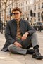 Men's Checkered, Buttoned, Mock Neck, Cashmere, Charcoal Grey Melton Coat - 3