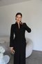 Premium Long Black Maxi Dress with a V-Neck, Deep Slit, Padded Shoulders, and Button Details with Collar Detail - 5