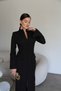 Premium Long Black Maxi Dress with a V-Neck, Deep Slit, Padded Shoulders, and Button Details with Collar Detail