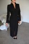 Premium Long Black Maxi Dress with a V-Neck, Deep Slit, Padded Shoulders, and Button Details with Collar Detail - 3