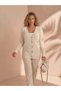 Women's Angora Cream-Colored Stylish Knit Cardigan with Pearl and Stone Embellishments and Buttoned V-Neck NK550