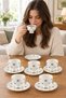 6-Piece Porcelain Coffee Cup Set with Floral Print and Gold-Handled Turkish Coffee Cups - 3