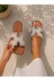 Women's Beige Shiny Chain with Crystal Stone Embellishments, Genuine Leather, Comfortable Casual H-Style Slippers - 4