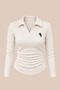 Point White Glittery Polo Collar Corded Fabric Embroidered Premium Ruched Shimmering Long-Sleeve Blouse