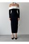 Women's Black and White Madonna Collar Long Stretch Dress - 5