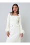 Cream Tweed-Look Midi Dress with Faux Feather Cuffs - 2